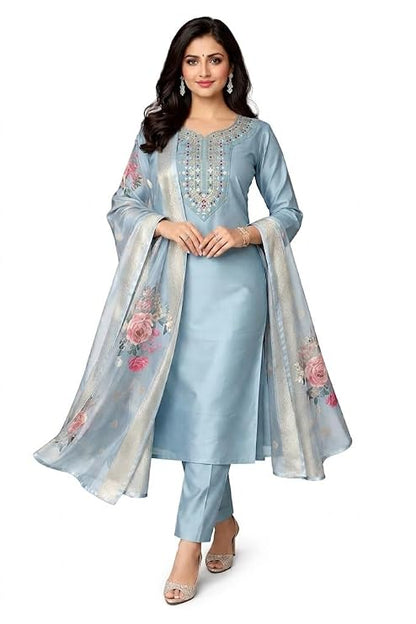 Women Embroidered Kurta Pant Set with Dupatta | Ethnic Straight Kurti Suit