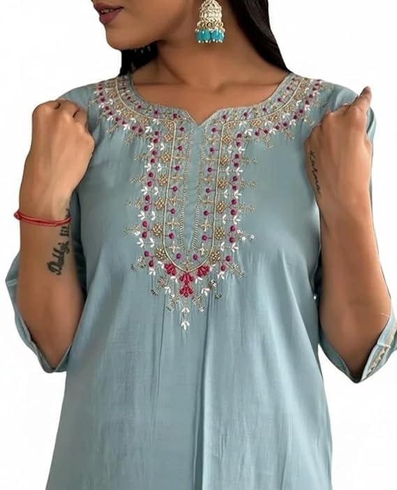 Women Embroidered Kurta Pant Set with Dupatta | Ethnic Straight Kurti Suit