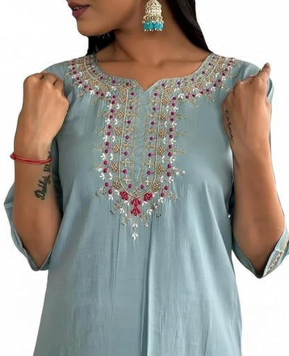 Women Embroidered Kurta Pant Set with Dupatta | Ethnic Straight Kurti Suit