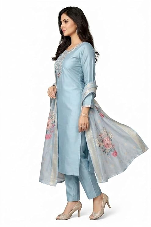 Women Embroidered Kurta Pant Set with Dupatta | Ethnic Straight Kurti Suit