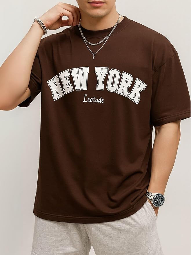 Printed Round Neck Drop Shoulder Oversized Tshirt for Man