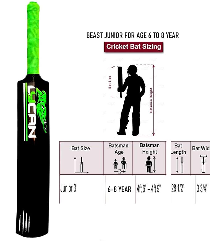 Lycan Junior Hard Plastic Cricket Bat Size 3, Age 6-8 Year Old Kids