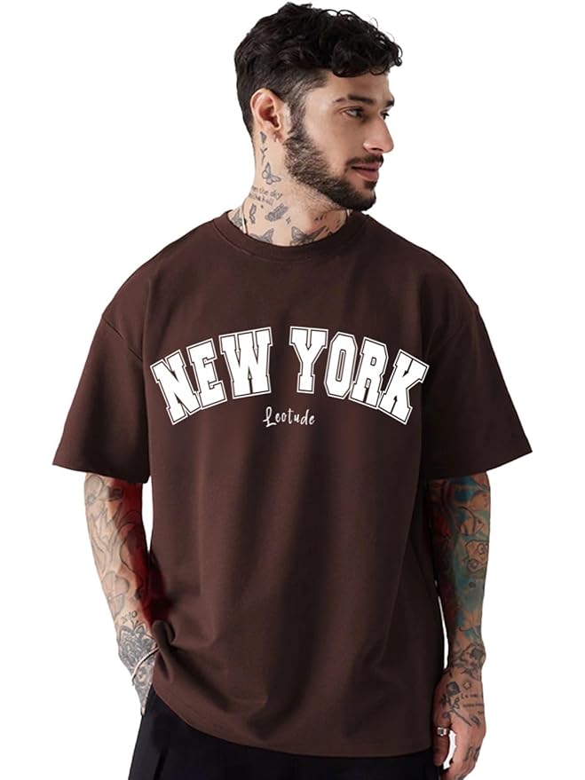 Printed Round Neck Drop Shoulder Oversized Tshirt for Man