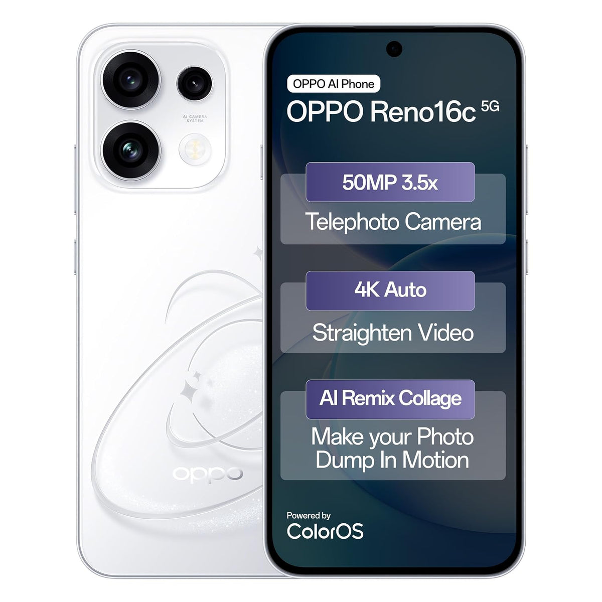 Oppo Reno16c 5G (Starry White, 8GB, 128GB) | 3D Design | 50MP 3.5X Telephoto Camera